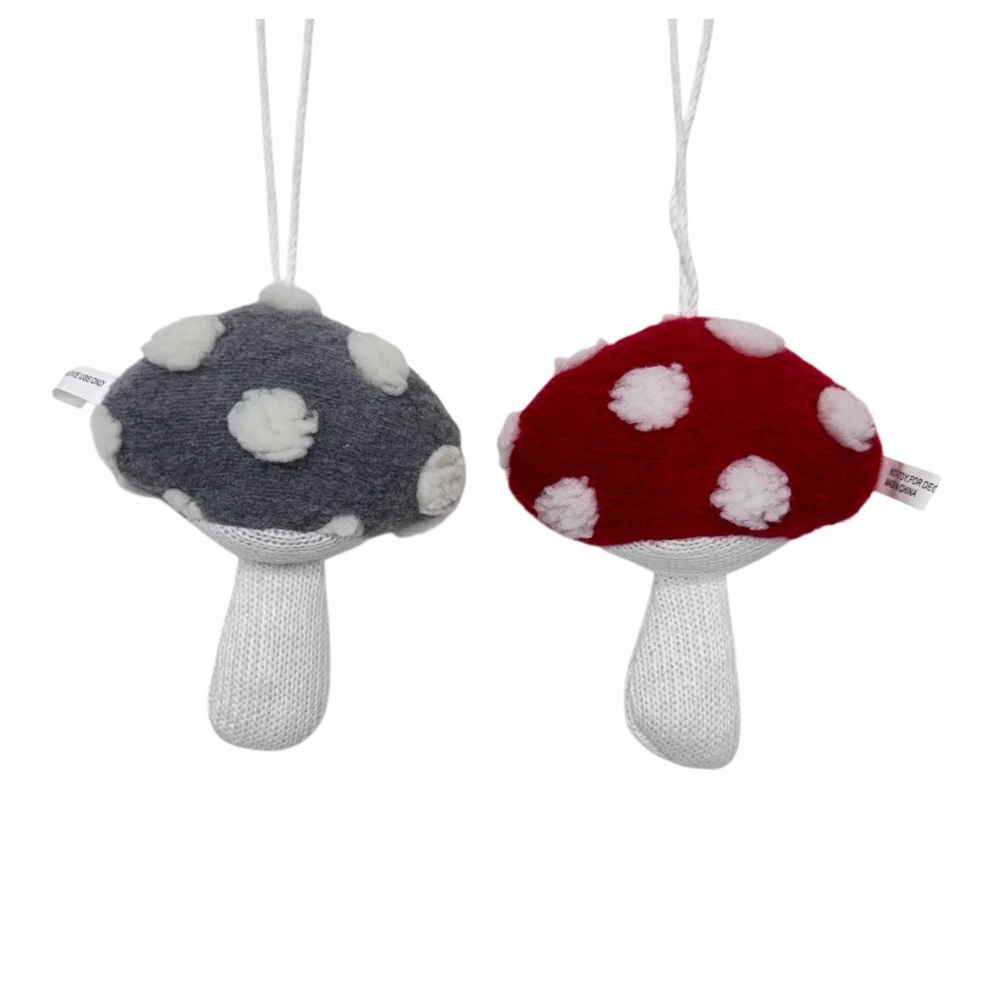 2 Puffy Knit Mushrooms Christmas Tree Ornaments Gray Red & White With String